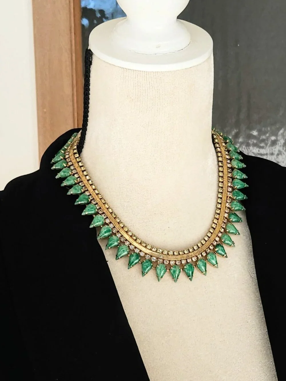 Vintage Faux Jade Glass and Rhinestone Collar Necklace